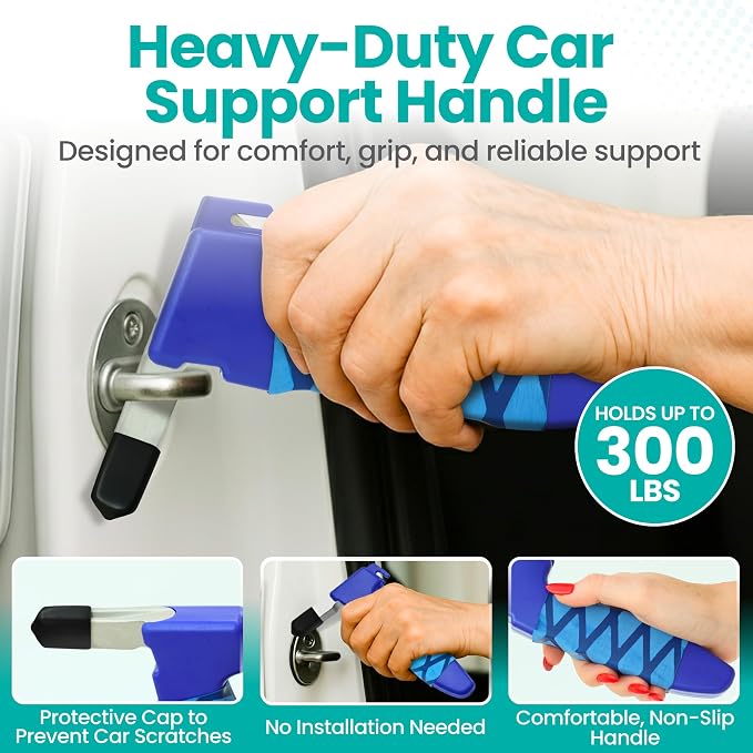 Car Door Handle for Elderly - Car Cane Mobility Aid Tool, Steel Hook, Supports Up to 300 lbs, 3 in 1 Car Door Latch Bar for Seniors & Handicapped, Easy Tool-Free Use, Pack of 2 - (Blue)