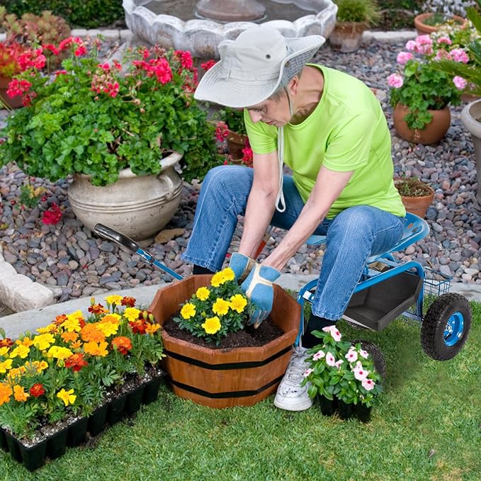 kinbor Rolling Garden Scooter Garden Cart with Tray, 360 Swivel Seat, Blue