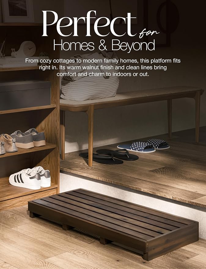 TINAMO One Step Stool for Elderly (35" Length) - Acacia Wood High Riser Step Stool with Non-Slip Pads - 550 Lbs Wooden Mobility Stepping Stools for Handicap, Bed, Bathroom, Kitchen (Walnut) (Patented)