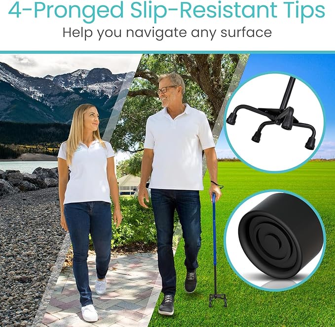 Vive Quad Cane - Walking Stick for Men and Women - Lightweight Adjustable Staff - Comfortable Right and Left Hand Grip for Stability Support - Four Prong Sturdy Aluminum Travel Aid - 4 Tip Dark Blue