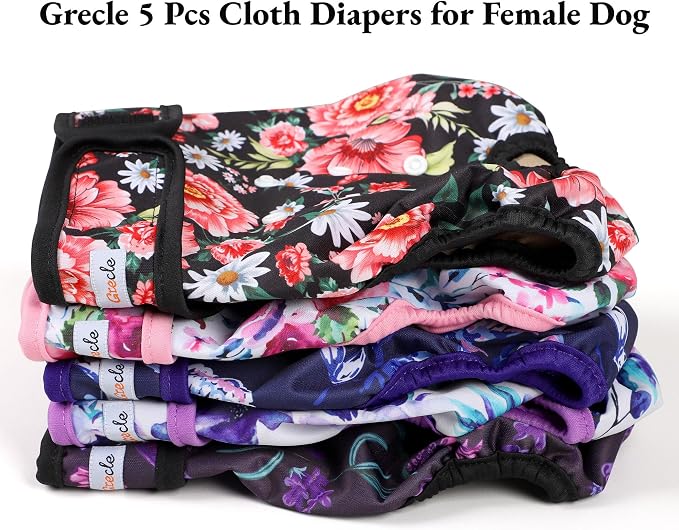 Dog Diapers Female - Reusable Diapers for Doggie in Heat - Highly Absorbent Female Dog Diapers for Pet Incontinence(Pack of 5), Flowers,XXL