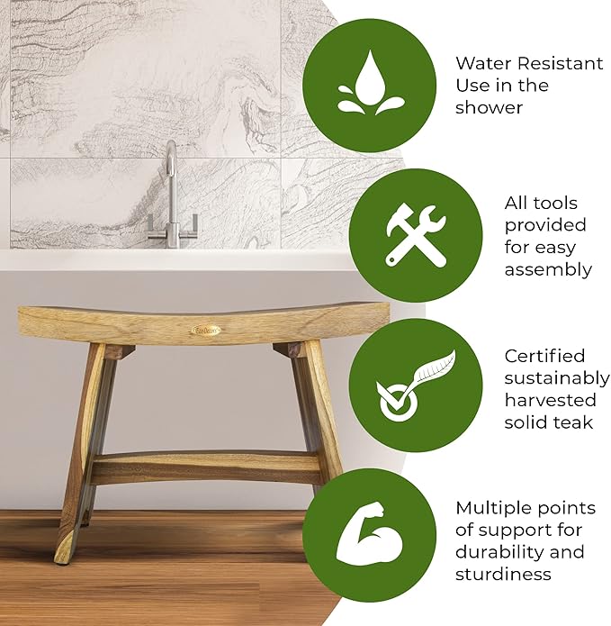 EcoDecors 24 Inch Serenity Teak Shower Bench – Waterproof Bathroom Seat | Spa-Style Teak Wood Stool for Adults & Seniors | Safe Non-Slip Feet | Elegant Finish | 250 Pound Capacity