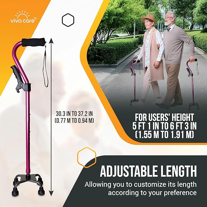 VIVA CARE Walking Cane with 4 Prongs and Extra Side Handle – Adjustable, for Balance & Stability for Adults, Seniors, and Injured.