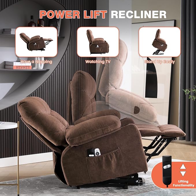 MAHOMICO Power Lift Recliner Chair for Elderly with Vibration Massage and Lumbar Heating,Electric Lift Recliner Single Sofa with Side Pocket,Two Cup Holders and USB Charge Port for Living Room