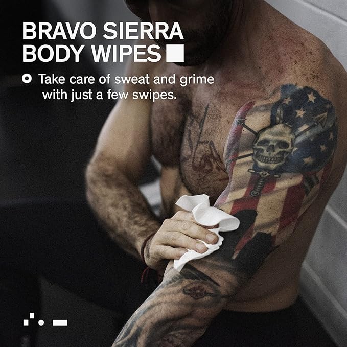 Bravo Sierra Body Wipes - 10 Individually Wrapped Extra Thick Biodegradable Shower Wipes With Benzalkonium Chloride & Aloe Vera for Adults, Men and Women - No Rinse Bathing Camping & Travel