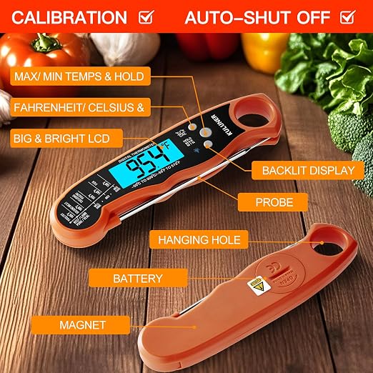 Digital Meat Thermometer Instant Read, Orange Waterproof Food Thermometer with 4.6" Folding Probe, Backlight & Calibration, 2-3s Fast Reading for Kitchen BBQ Grilling Cooking - Orange