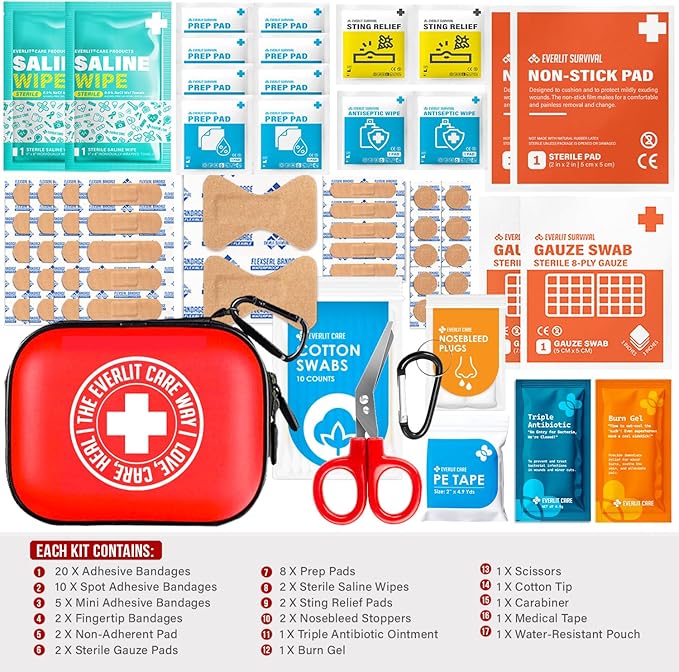 EVERLIT CARE MiniAid First Aid Kit | Compact & Lightweight Case with Carabiners for Travel | Family & Kid Friendly 180 Pcs Wound Care Supplies for School, Work, Outdoor, Home & Office | Pack of 3