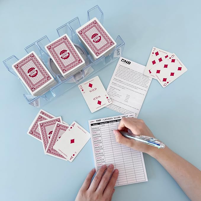 DNB Canasta Card Game Set - Includes 9 Decks of Red Scored Playing Cards a Revolving Card Tray 50-Page Score Pad and Game Instructions