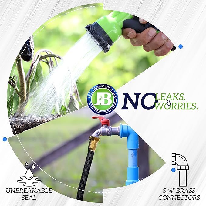 J&B XpandaHose 100ft Expandable Garden Hose, Lightweight, Brass Connectors | Ultra Strong 3750D fabric, 4-layer latex core, expands 3X, kink & leak-resistant, 10-pattern nozzle, storage bag