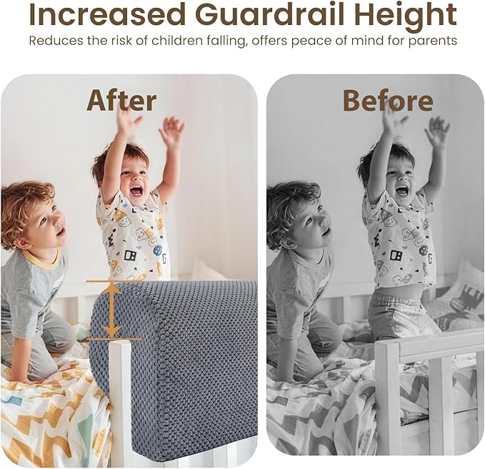 Toddlers' Bed Rail Bumpers Protector, Children's Bed Guardrail Padding, Soft Cushioned Barrier, Increased Height, Easy to Install, Washable Cover, Fits Floor, Bunk & Loft, 2.3 Ft, Gray