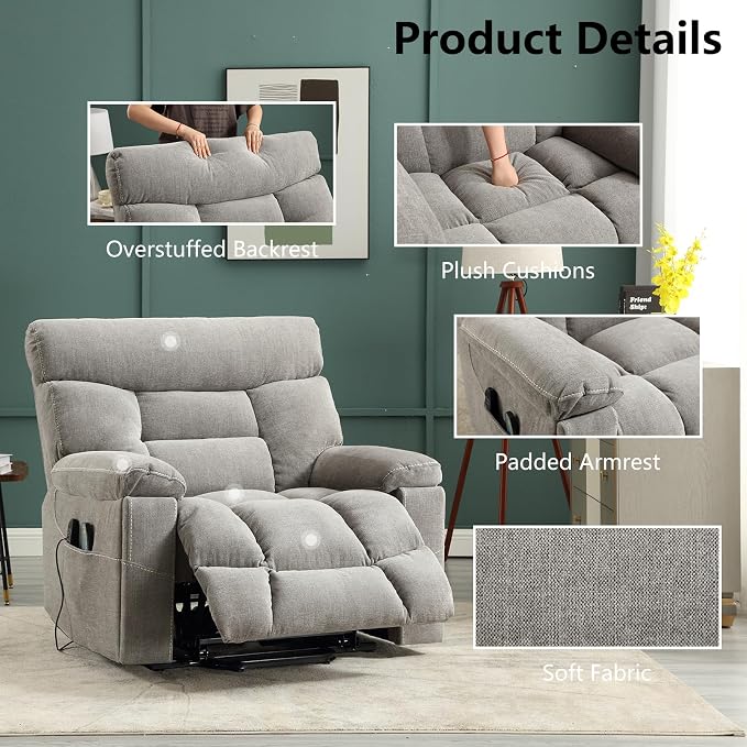 Dual Motor Power Lift Recliner Chair for Elderly, 27" Extra-Wide Seat 450 lbs Weight Capacity Infinite Position Adjustment, with Heated Massage, Cup Holders and USB Port, Grey Fabric