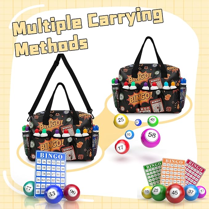 CVVD Bingo Bag with Pockets for Bingo Daubers Dabbers Dobbers Dotters Water Resistant Bingo Game Accessories for Adults and Seniors Portable Storage for Casino Bingo Supplies(black)