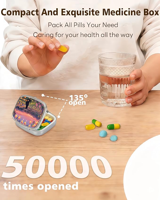 LRITER Pill Case, 2 Compartment Portable Small Travel Pill Organizer for Purse and Pocket, Stylish Medicine Case with Multiple Patterns, Daily Pillbox for Home & Travel (Cat and Scenery)