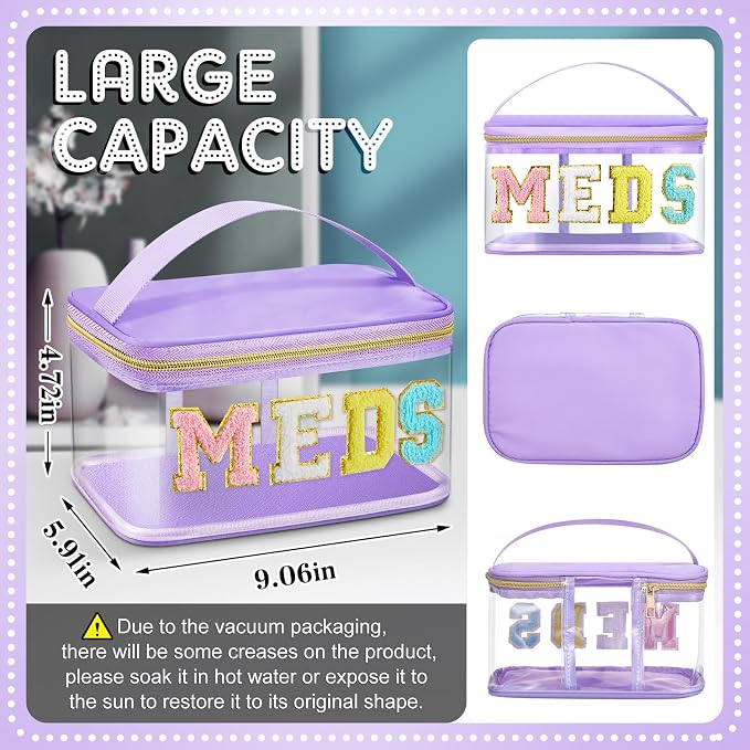 Geetery Chenille Letter Bag, Meds Cheer Travel Cases Cheerleader Gifts Cosmetic Bag Nylon Makeup Portable Preppy Patch with Zipper Toiletry Storage Case for Women(Purple,Meds)