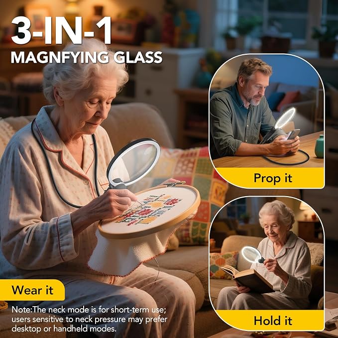 2500mAh Magnifying Glass with Light, 5X Hands Free Magnifier for Reading | Neck Magnifying Glass for Sewing, Knitting, Cross Stitch & Crafts, Rechargeable Lighted Magnifier for Seniors