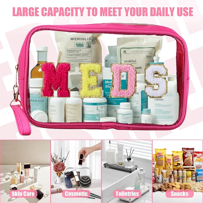 BuyCard 2 Pcs Medicine Bag Chenille Letter Preppy Clear Makeup Meds Bag for Travel - Nylon & PVC Transparent Cosmetic Toiletry Storage Pouch for Women Girls - Rose Red