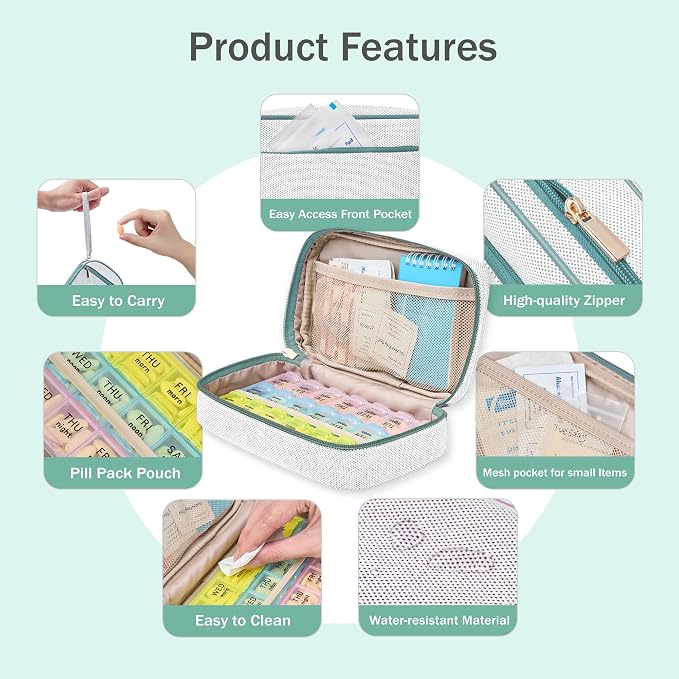 Weekly Travel Pill Organizer 2 Times A Day Pill Case for Purse with Removable AM PM 7 Day Pill Box Holder,Cute Medication Organizer Pill Container for Medicine, Vitamin, Supplement(Teal, Medium)