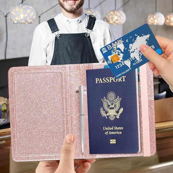 ACdream Unisex Faux Leather Passport and Vaccine Card Holder, Glitter Rose, RFID Blocking, Protects Valuable Information