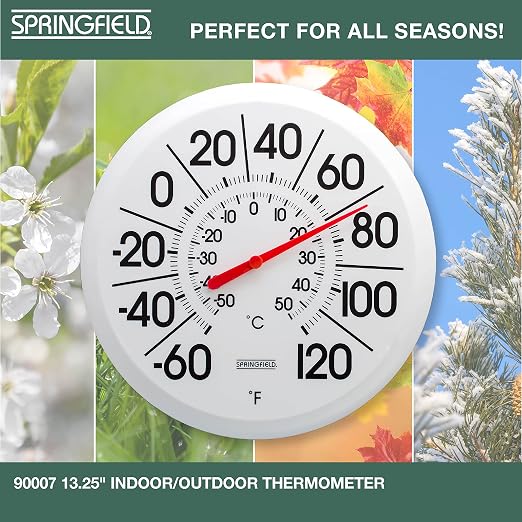 Springfield Indoor Outdoor Big and Bold Thermometer with Mounting Bracket, Easy to Read Numbers for Patio, Pool, and Indoor Areas, 13.25-Inch, White