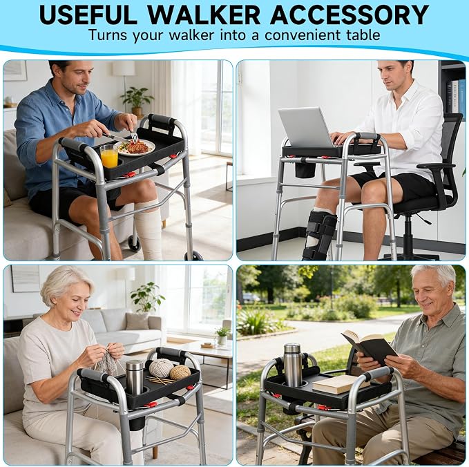 Walker Tray for Folding Walkers with Cup Holder, Adjustable Walker Tray Table Fits Most Standard Walkers, Non-Slip & Easy-Clean Leather Surface, Removable & Easy Assembly