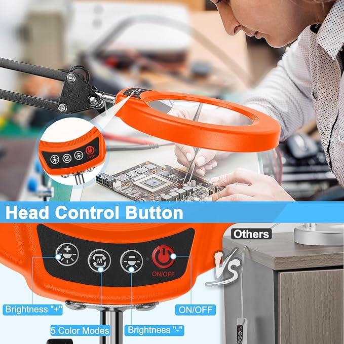 10X Magnifying Glass with Light and Clamp, Real Glass Stand Lighted Magnifier, 5 Color Modes Stepless Dimmable LED Desk Lamp Hands Free for Crafts Hobby Reading Painting Close Work - Black Orange