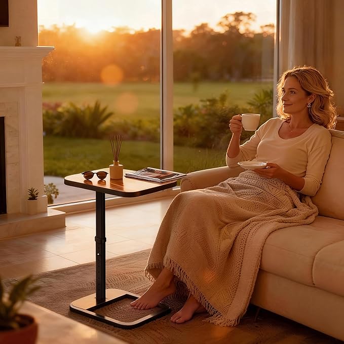 Kitstorack Upgraded TV Tray Table with Panel Lock, 90° Flip-Over Design & Adjustable Height, Sofa Arm Side Table for Eating, Laptop, Couch, Bed, or Small Spaces, Brown