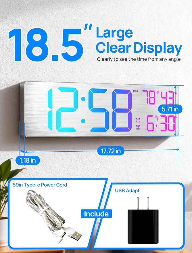 18.5" Large Digital Wall Clock with Remote Control, Big LED Display Digital Clocks with Night Light, Alarm, DST, Temp, Date for Living Room, Bedroom, Office, Classroom, Gifts for Seniors(Silver)