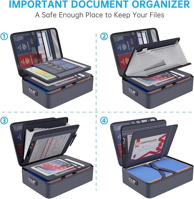 ENGPOW Fireproof Document Organizer Bag with Lock ＆ Accordion File Folder | 5200℉ Multi-Layer File Organizer Box with Lock ,Heat Insulated, Water Resistant, Safe Storage for Home Office Travel, Gray