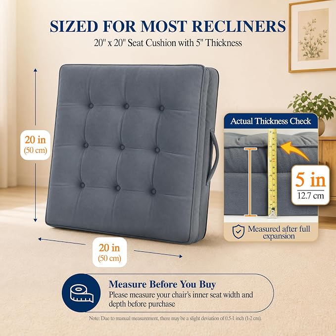 Allaboutsla Recliner Seat Cushion, 20x20x5 Lift Chair Cushion for Elderly | Thick Dual-Layer Recliner Cushion Adds Height, Comfy Recliner Cushions for Long Sitting, Non-Slip Chair Pad for Recliner Gray
