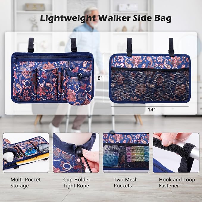 BAGSFY 2-Pack Walker Side Bag, Universal Walker Accessories with Cup Holder, Waterproof Folding Walker Organizer Caddy Pouch for Most Walkers with Side Bars, Double-Sided Storage for Seniors & Elderly