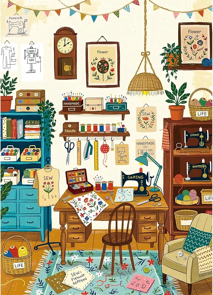 1000 Piece Jigsaw Puzzles for Adults, Sewing Room Puzzle with 1:1 HD Poster, Precise Interlocking, Letter Markings on Back, Dust-Free, Stress Relief & Ideal Family Game Gift