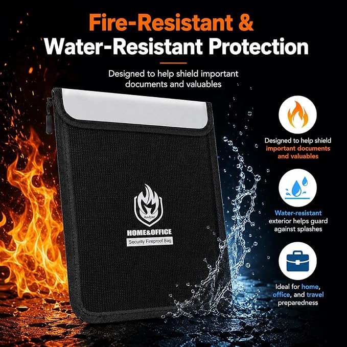 4 Pack Fireproof Document Bags, Waterproof Document Pouch Holder with Zipper, Fire Proof Money Bag for Cash, Fireproof Envelope Fire Safe Bag, Fire Resistant Storage for Legal/A4 Size (Black)