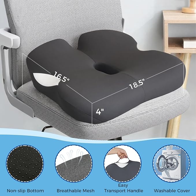 18.5" x 16.5" Extra Large Memory Foam Cushion, Tailbone Pain Relief Cushion for Long Sitting Soft Hip Support, Breathable X Large Donut Pillow Desk Chair Cushion for Office, Home, Driving