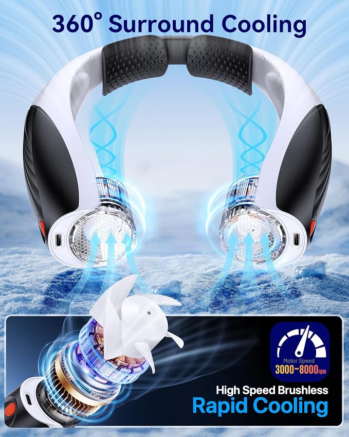 Kesguar Portable Neck Fan, 20H RunTime Cooling Fan, 6 Speeds 360° Airflow Personal Fan, Rechargeable Hands Free with 6000mAh Battery Wearable Fan Gifts for Women Men Outdoor Travel Camping