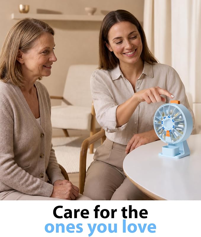 Pill Dispenser 14 Day – Rotating Medicine Organizer Wheel with Push Button, Wall Mounted or Desktop Manual Pill Dispenser for Elderly & Seniors, Large Capacity Vitamin & Medication Organizer