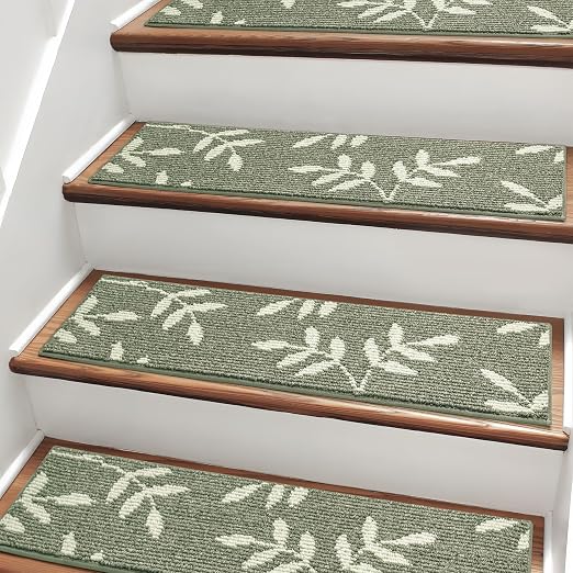 Carpet Stair Treads, Non-Slip Stair Treads for Wooden Steps Indoor | Stair Runner for Pets, Non Skid Staircase Step Treads Washable Reusable, Stair Protectors 30" x8" Set of 15, Green