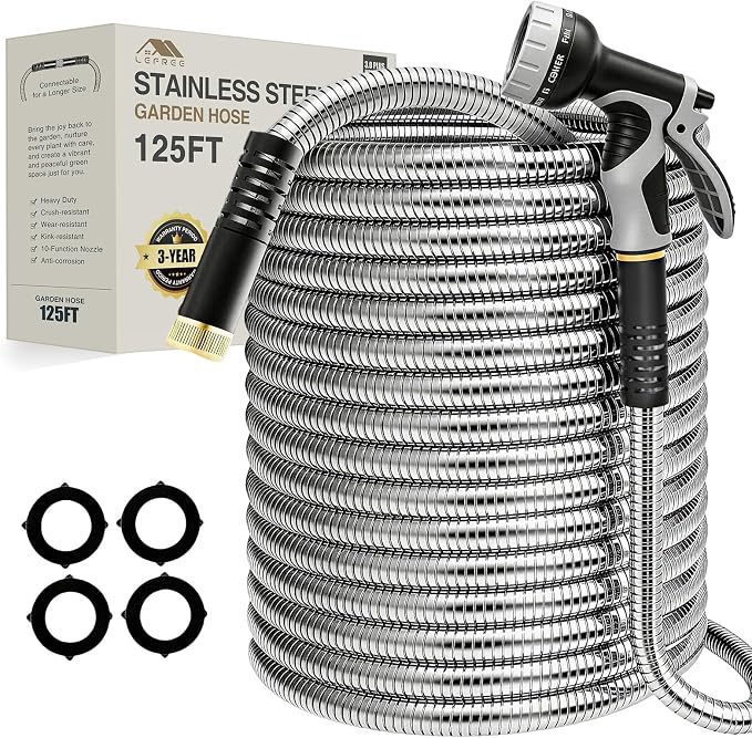 Lefree 125ft Stainless Steel Garden Hose - Metal Water Hose | No Kink Leak Proof Dog Chew Proof with Upgraded Rubber Sleeve & 10 Function Spray Nozzle for Large Yard Gardening RV Pet Bath