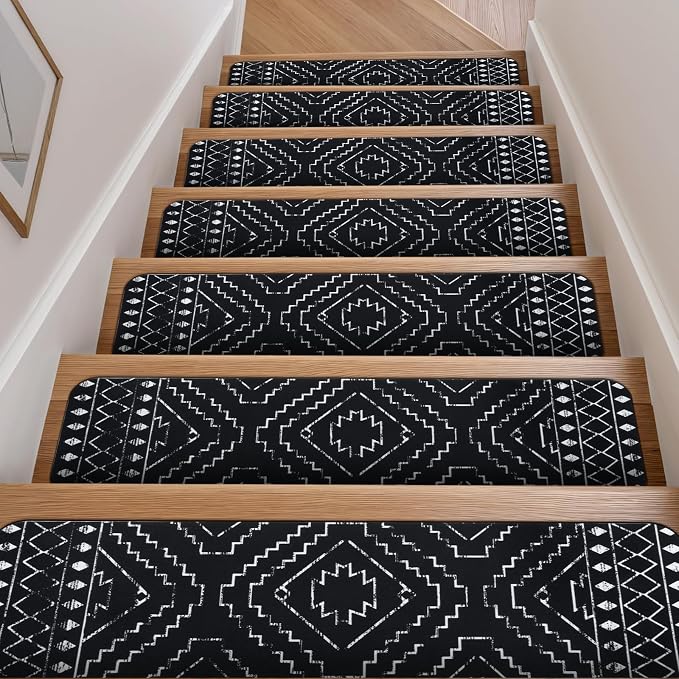 OJIA Boho Stair Treads Non-Slip Stair Runners for Wooden Steps 15PC 30"x8" | Indoor Washable Carpet Stair Treads Stair Mats Staircase Step Treads for Kids, Elders and Dogs, Stair Covers, Black