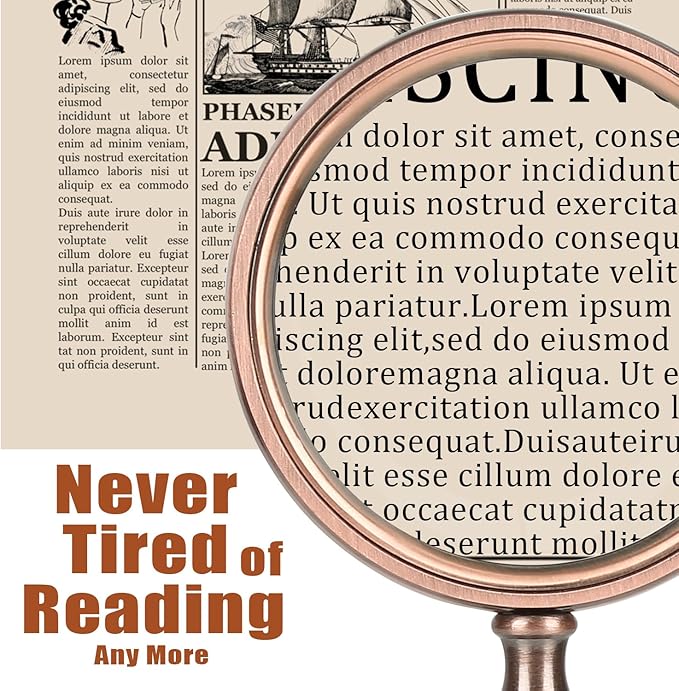 Rongon Handheld Magnifying Glass 10X Vintage Reading Magnifiers with Wooden Handle Antique Copper Portable Magnifying Lens for Reading Macular Degeneration Hobby Observation Classroom