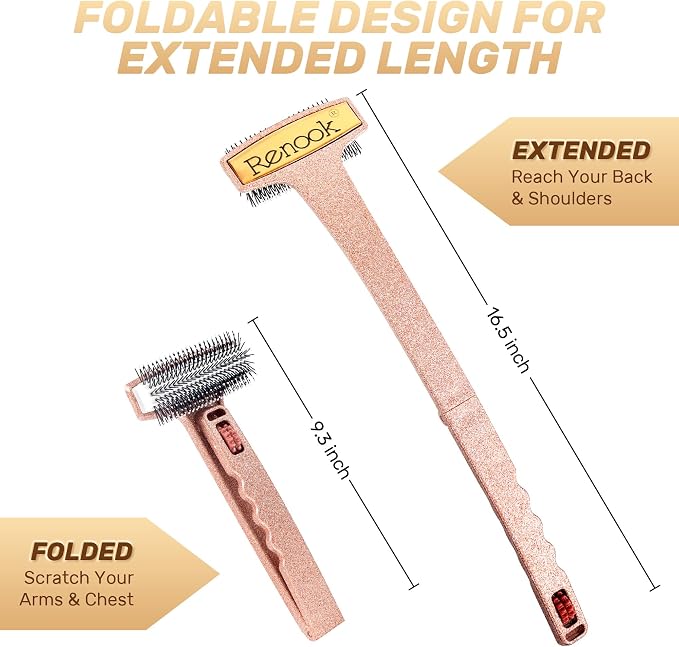 Back Scratcher Extendable, 17'' Foldable Curved and Long Handle | Shiny Champagne, Massage Rollers for Full Body Itch Relief, Thoughtful Gift for Women/Girls/Mother