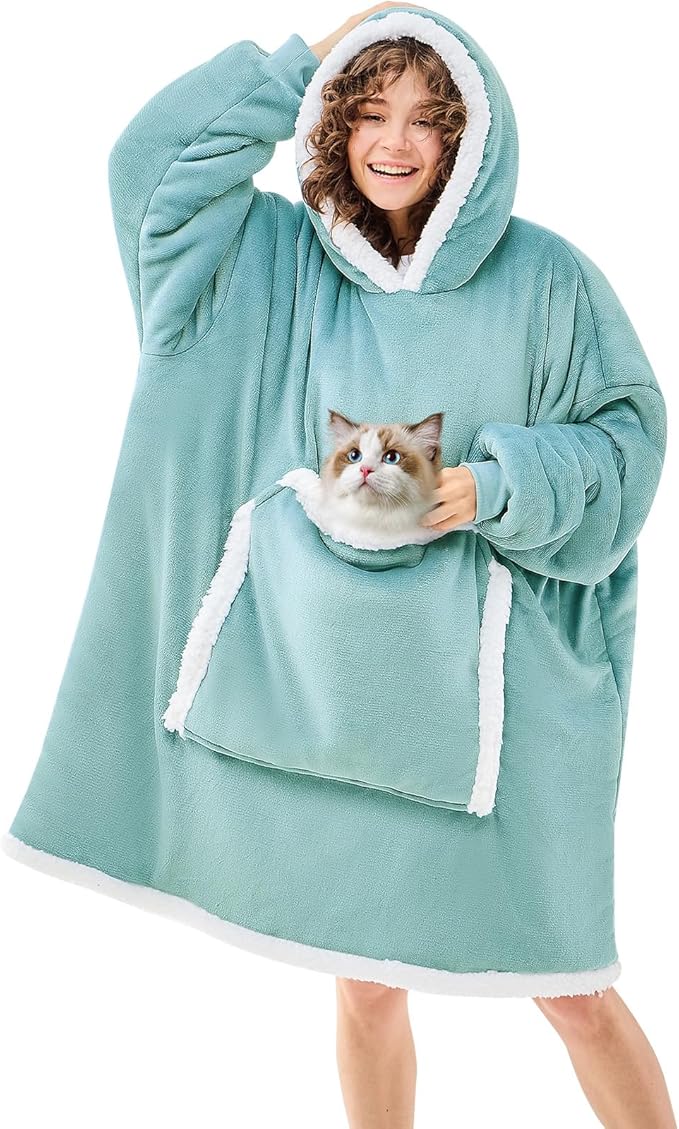 JOYWOO Wearable Blanket Hoodie,Oversized Cat Lovers Sweatshirt Blanket for Adult & Teens, Birthday Gifts for Women Men Mom Girl Boys,Cozy Sherpa Fuzzy Blanket Giant Pocket Gifts,Blue Gray Small