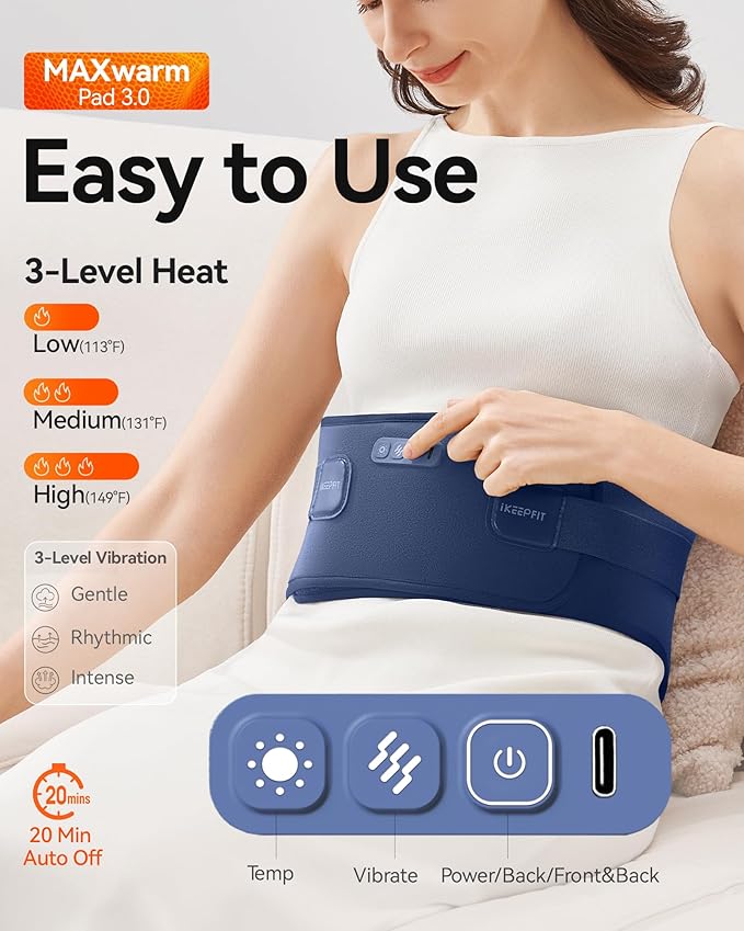 IKEEPFIT® Heating Pad for Back Pain Relief: MAXwarm® 3.0, Portable Cordless Heat Pad with Massager for Period Cramps, 8000mAh Large Battery, FSA Eligible HSA, Christmas Gift for Women Men 90-310 lbs