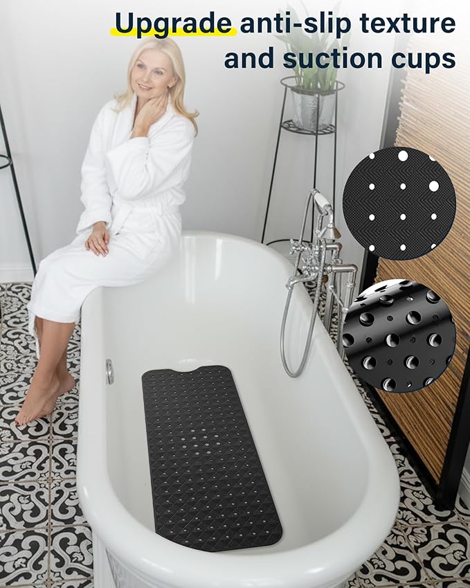 Non Slip Bathtub Mat for Tub & Shower, Machine Washable 40"x16" Anti Slip Bath Mat with 2 Hooks, Soft & Comfortable and Extra Largefor Families, Black