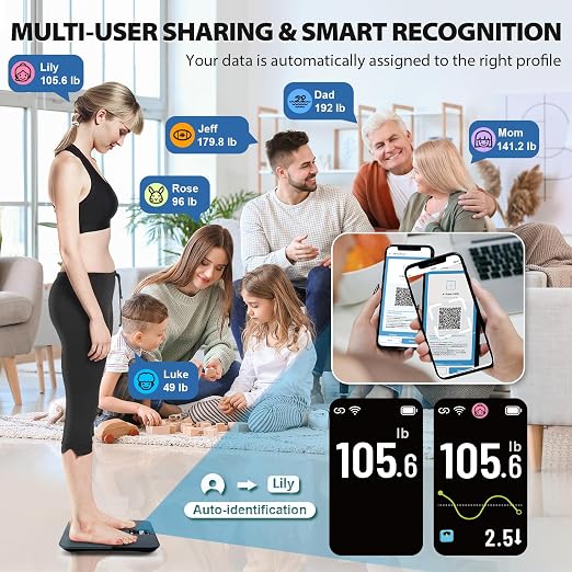 ABLEGRID Smart WiFi Digital Bathroom Scale for Body Weight, Auto-Rotating TFT Display Body Fat Scale with BMI Muscle Mass, 500lb High Capacity, 11.8" Platform, 20 Accurate Body Compositions via App