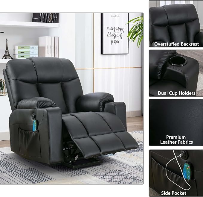 Bonzy Home Power Lift Recliner Chair with Heat and Massage, Faux Leather | Oversized Lift Chair for Adults Elderly Upholstered Massage Recliner with 2 Cup Holders, Side Pocket, Black