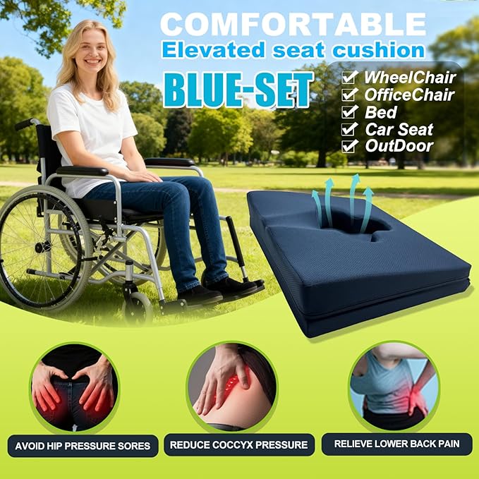 Gel Wheelchair Seat Cushion,Bed Sore Cushions for Butt,Sciatica,Coccyx,Pressure Sore & Ulcer Pain Relief Butt Pillow for Office Chair,Removable&Washable (Thickened&Support-Enhanced Set Blue)