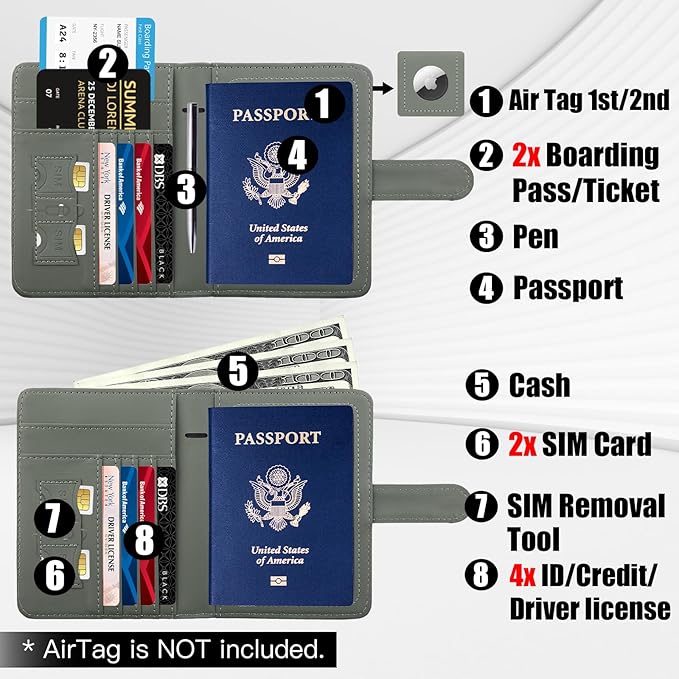 GOAUS Passport Holder for Travel with AirTag Slot, Passport Book Wallet | Cards Cash Pocket, RFID Blocking, Waterproof, Passport Case, Travel Gifts for Women Men, Faux Leather, AirTag Not Included