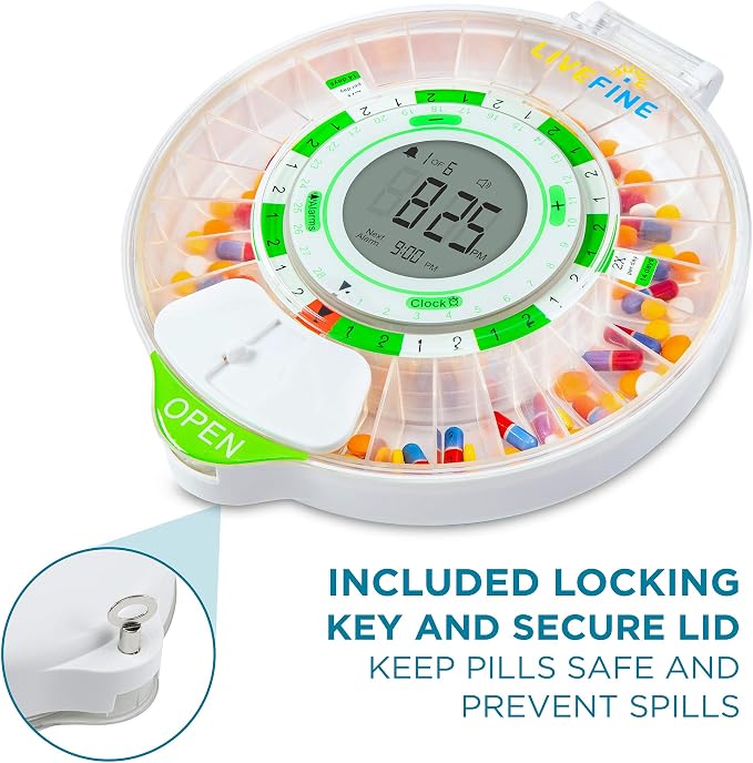 Live Fine 4-Week Pill Dispenser, Locking Pill Organizer, Clear Lid | Medication Organizer, 9 Dosage Rings, Jumbo LCD Display, Audio & Visual Alerts, Lockable Medicine Box