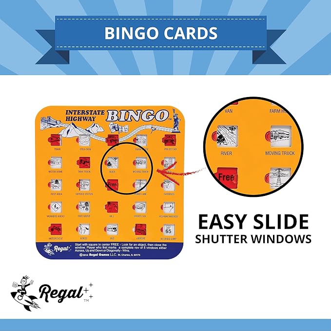 Regal Games Finger-Tip Shutter Bingo Cards with Sliding Windows - Interstate Bingo & Auto Bingo Game - Assorted Colors Travel Game Bingo Set Kids - Reusable, No Chips & Daubers Needed - 4 Packs