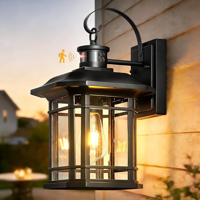 VIANIS Large Black Outdoor Motion Sensor Light, Distance and Time Adjustable Dusk to Dawn Exterior Lighting Fixtures, Anti-Rust 100% Aluminum Patio Wall Light Fixture for House, Garage, Backyard